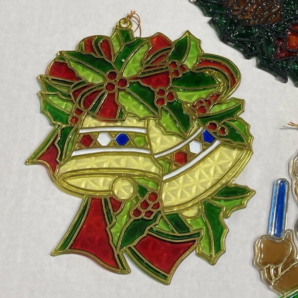 Vintage Christmas Stained Glass Plastic Window Decorations Set of 4 Wreath Bell - Picture 4 of 16